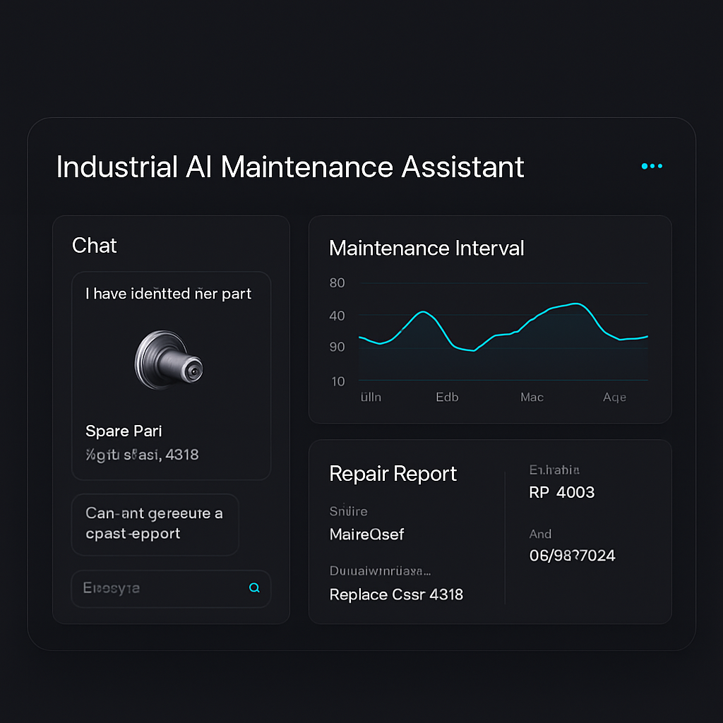 pairio AI maintenance assistant dashboard showing spare part identification, maintenance interval analytics, and a generated repair report